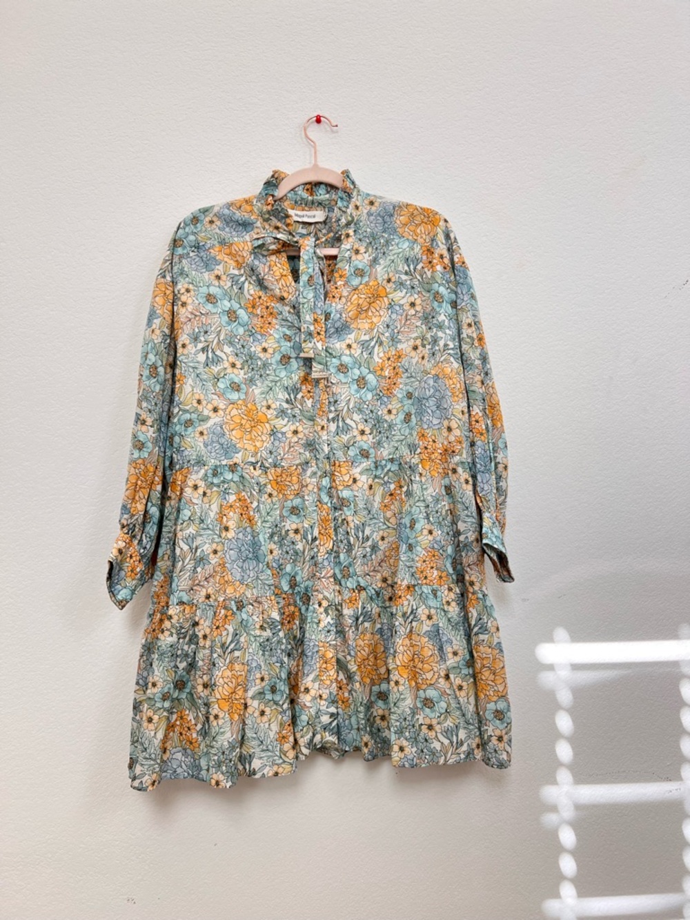 Magali Pascal Blue Yellow Floral Tiered Mini Dress XS Cotton Boho Resort Dress